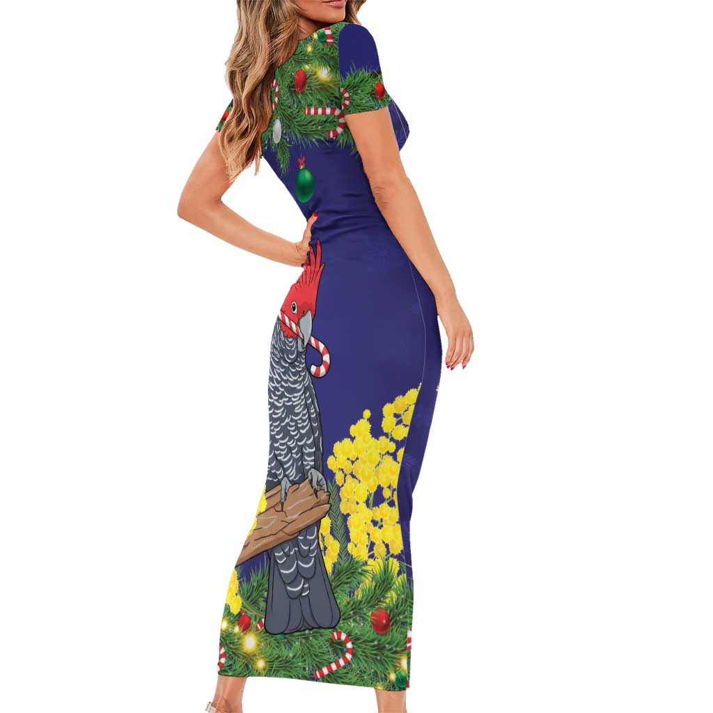 Australia Gang-gang Cockatoo Christmas Short Sleeve Bodycon Dress Callocephalon Fimbriatum Golden Wattle Blue - Aussie Hoodie