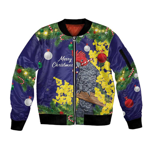 Australia Gang-gang Cockatoo Christmas Sleeve Zip Bomber Jacket Callocephalon Fimbriatum Golden Wattle Blue - Aussie Hoodie
