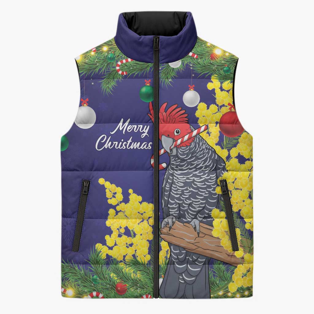 Australia Gang-gang Cockatoo Christmas Sleeveless Puffer Jacket Callocephalon Fimbriatum Golden Wattle Blue - Aussie Hoodie