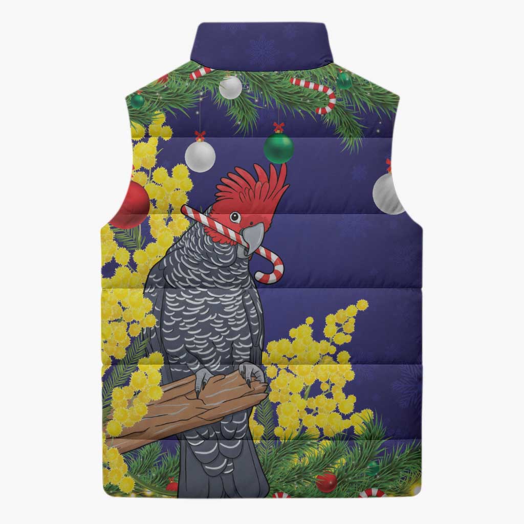 Australia Gang-gang Cockatoo Christmas Sleeveless Puffer Jacket Callocephalon Fimbriatum Golden Wattle Blue - Aussie Hoodie