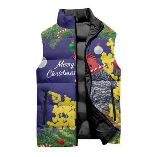 Australia Gang-gang Cockatoo Christmas Sleeveless Puffer Jacket Callocephalon Fimbriatum Golden Wattle Blue - Aussie Hoodie