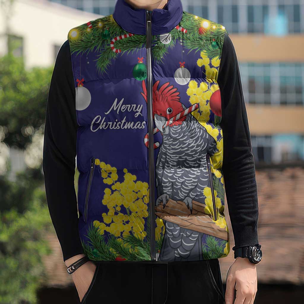 Australia Gang-gang Cockatoo Christmas Sleeveless Puffer Jacket Callocephalon Fimbriatum Golden Wattle Blue - Aussie Hoodie