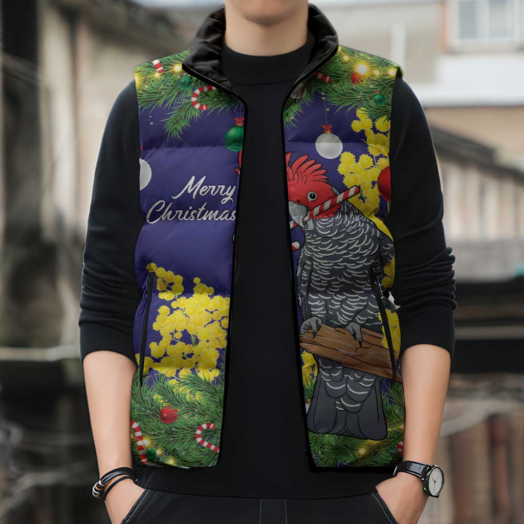 Australia Gang-gang Cockatoo Christmas Sleeveless Puffer Jacket Callocephalon Fimbriatum Golden Wattle Blue - Aussie Hoodie