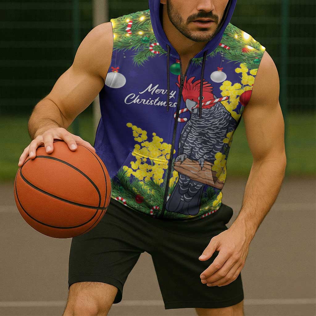 Australia Gang-gang Cockatoo Christmas Sleeveless Zip Hoodie Callocephalon Fimbriatum Golden Wattle Blue LT14