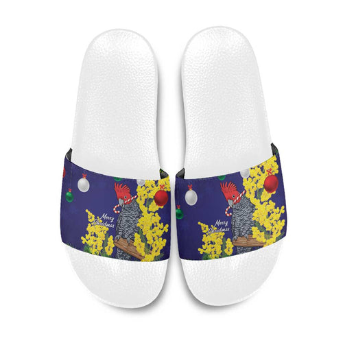 Australia Gang-gang Cockatoo Christmas Slide Sandals Callocephalon Fimbriatum Golden Wattle Blue - Aussie Hoodie