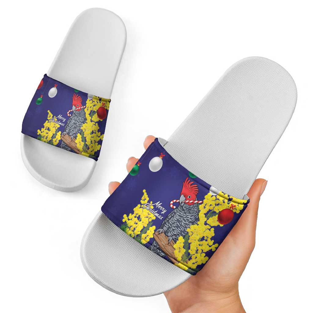 Australia Gang-gang Cockatoo Christmas Slide Sandals Callocephalon Fimbriatum Golden Wattle Blue - Aussie Hoodie