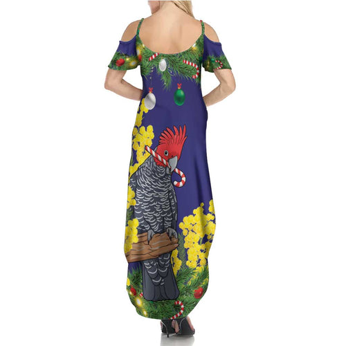 Australia Gang-gang Cockatoo Christmas Summer Maxi Dress Callocephalon Fimbriatum Golden Wattle Blue - Aussie Hoodie
