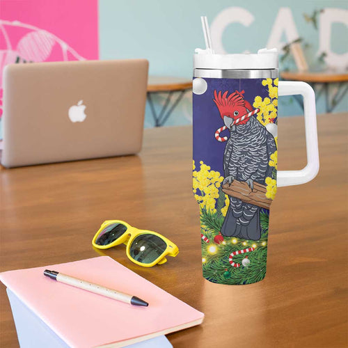 Australia Gang-gang Cockatoo Christmas Tumbler With Handle Callocephalon Fimbriatum Golden Wattle Blue - Aussie Hoodie