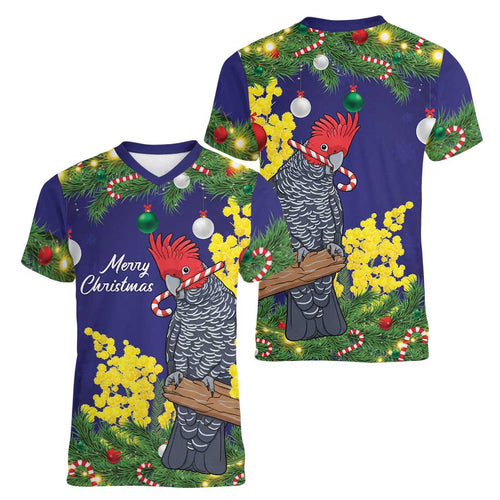 Australia Gang-gang Cockatoo Christmas Women V-Neck T-Shirt Callocephalon Fimbriatum Golden Wattle Blue - Aussie Hoodie