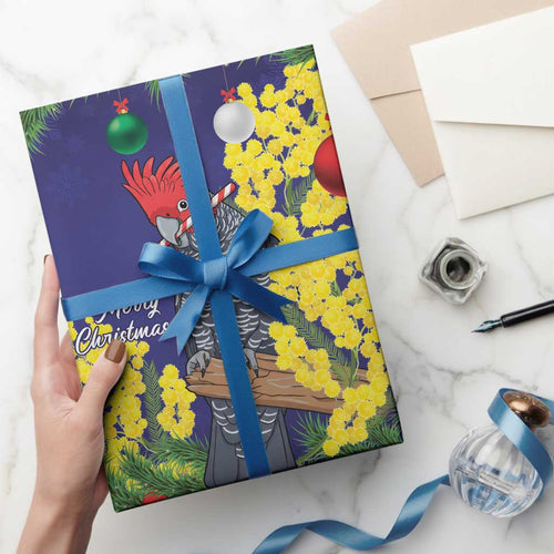 Australia Gang-gang Cockatoo Christmas Wrapping Paper Callocephalon Fimbriatum Golden Wattle Blue - Aussie Hoodie