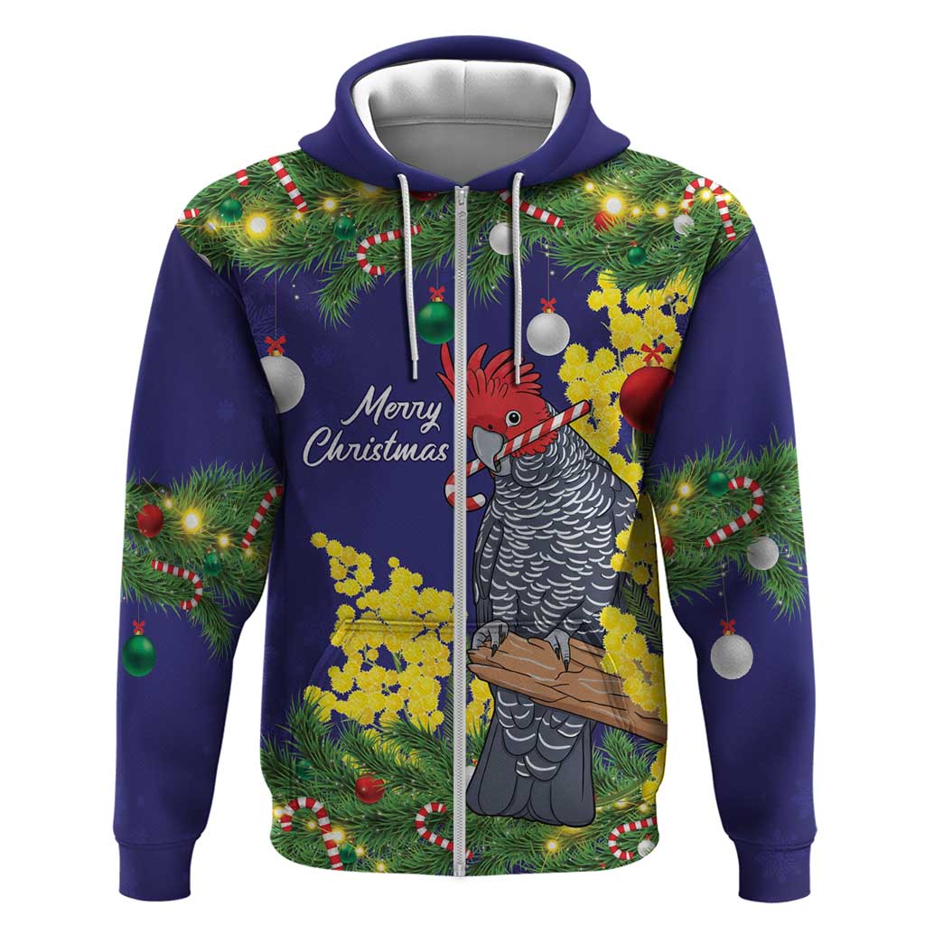 Australia Gang-gang Cockatoo Christmas Zip Hoodie Callocephalon Fimbriatum Golden Wattle Blue - Aussie Hoodie
