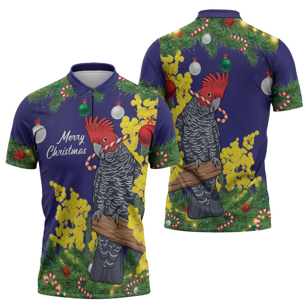 Australia Gang-gang Cockatoo Christmas Zipper Polo Shirt Callocephalon Fimbriatum Golden Wattle Blue - Aussie Hoodie