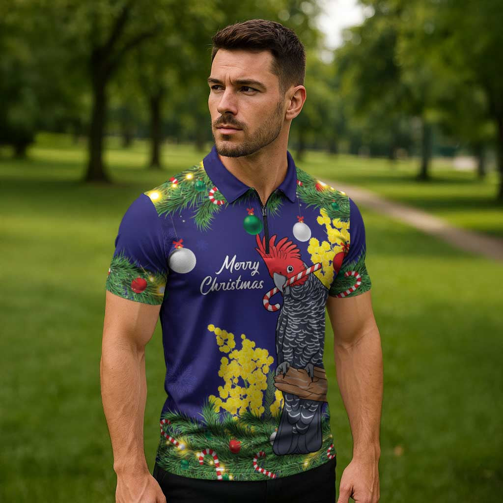 Australia Gang-gang Cockatoo Christmas Zipper Polo Shirt Callocephalon Fimbriatum Golden Wattle Blue - Aussie Hoodie