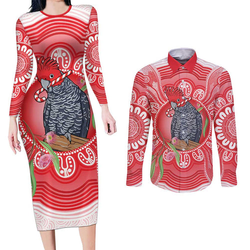 Australia Gang-gang Cockatoo Christmas Couples Matching Long Sleeve Bodycon Dress and Long Sleeve Button Shirt Eucalyptus Blossoms Aboriginal Merry Xmas - Aussie Hoodie