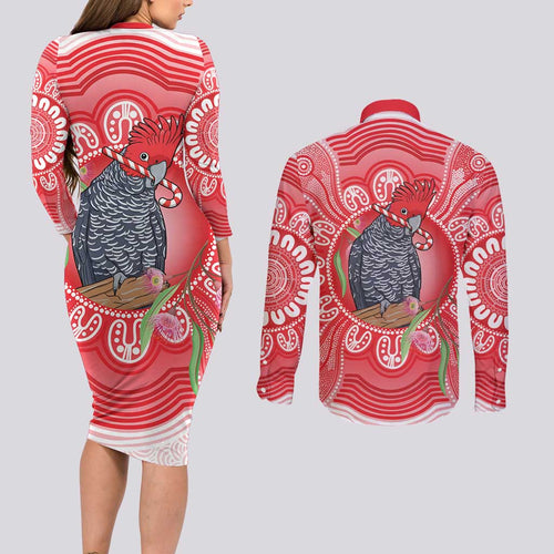 Australia Gang-gang Cockatoo Christmas Couples Matching Long Sleeve Bodycon Dress and Long Sleeve Button Shirt Eucalyptus Blossoms Aboriginal Merry Xmas - Aussie Hoodie