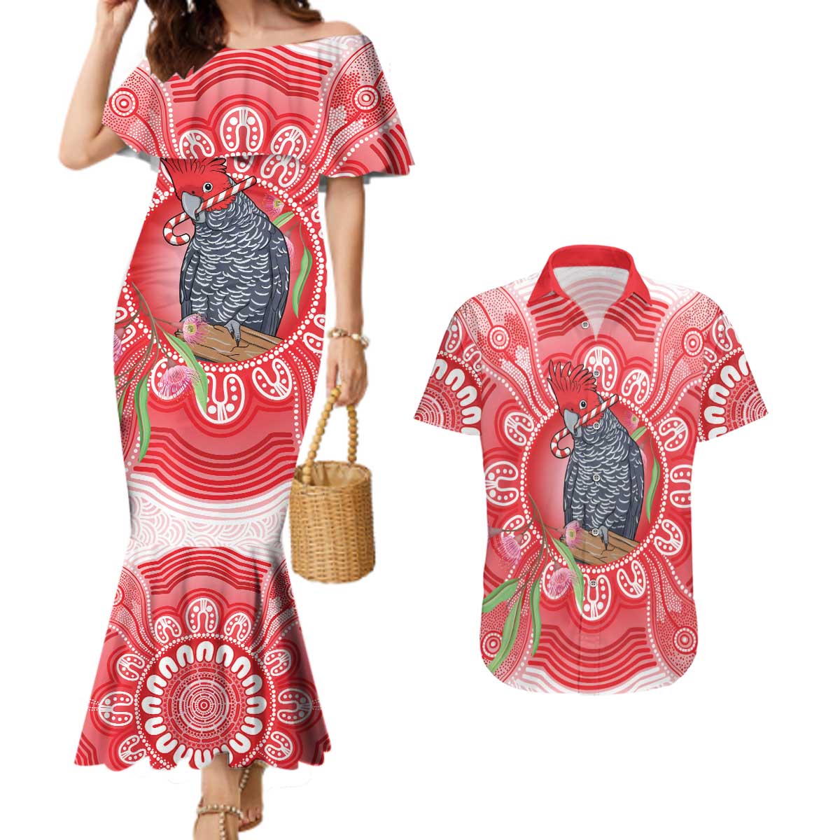 Australia Gang-gang Cockatoo Christmas Couples Matching Mermaid Dress and Hawaiian Shirt Eucalyptus Blossoms Aboriginal Merry Xmas - Aussie Hoodie