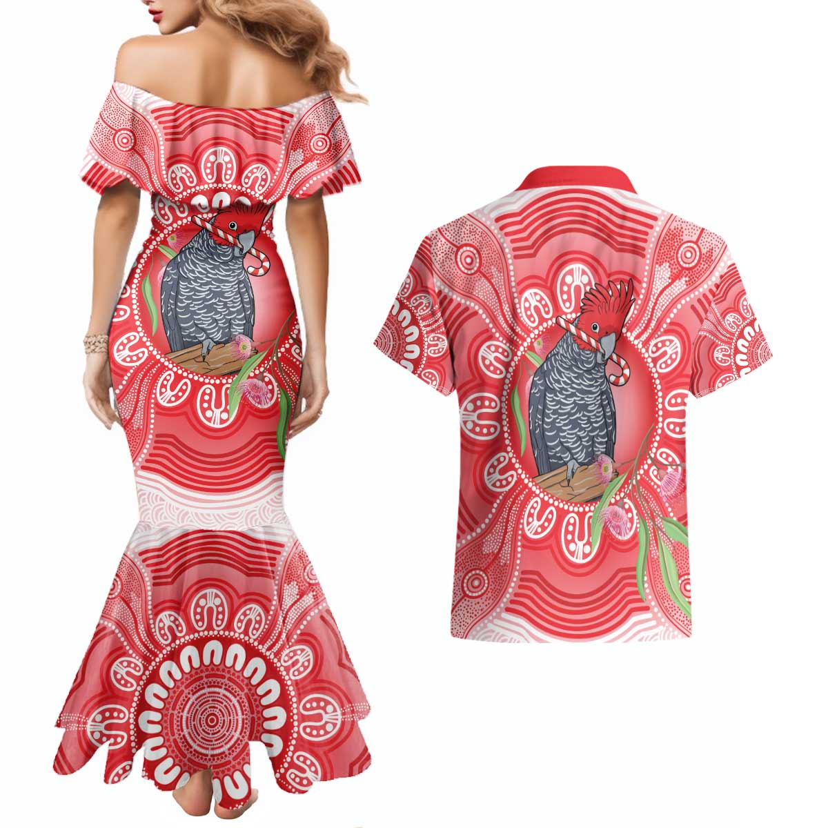 Australia Gang-gang Cockatoo Christmas Couples Matching Mermaid Dress and Hawaiian Shirt Eucalyptus Blossoms Aboriginal Merry Xmas - Aussie Hoodie