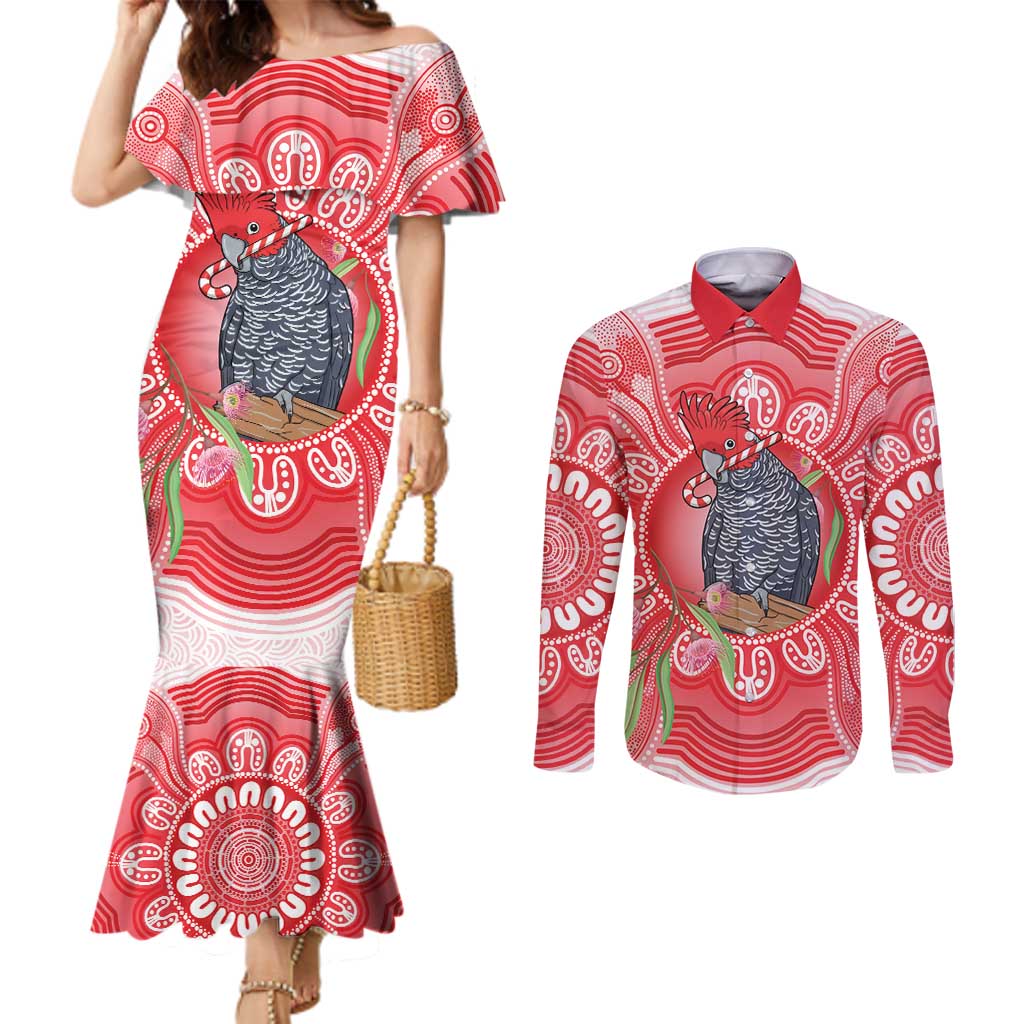 Australia Gang-gang Cockatoo Christmas Couples Matching Mermaid Dress and Long Sleeve Button Shirt Eucalyptus Blossoms Aboriginal Merry Xmas - Aussie Hoodie