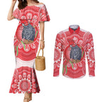 Australia Gang-gang Cockatoo Christmas Couples Matching Mermaid Dress and Long Sleeve Button Shirt Eucalyptus Blossoms Aboriginal Merry Xmas - Aussie Hoodie