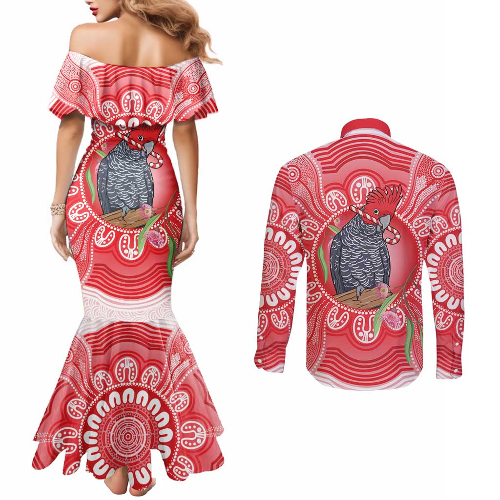 Australia Gang-gang Cockatoo Christmas Couples Matching Mermaid Dress and Long Sleeve Button Shirt Eucalyptus Blossoms Aboriginal Merry Xmas - Aussie Hoodie