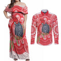 Australia Gang-gang Cockatoo Christmas Couples Matching Off Shoulder Maxi Dress and Long Sleeve Button Shirt Eucalyptus Blossoms Aboriginal Merry Xmas - Aussie Hoodie