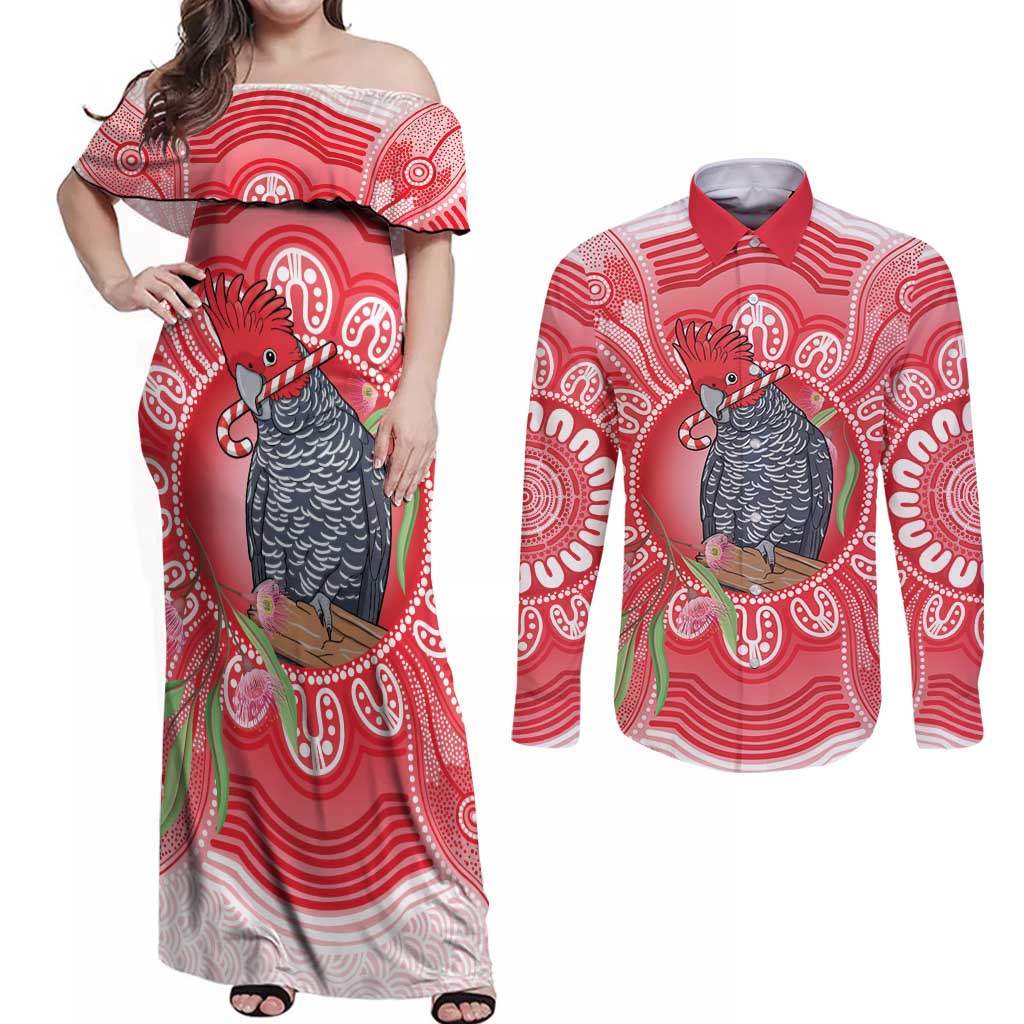 Australia Gang-gang Cockatoo Christmas Couples Matching Off Shoulder Maxi Dress and Long Sleeve Button Shirt Eucalyptus Blossoms Aboriginal Merry Xmas - Aussie Hoodie
