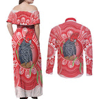 Australia Gang-gang Cockatoo Christmas Couples Matching Off Shoulder Maxi Dress and Long Sleeve Button Shirt Eucalyptus Blossoms Aboriginal Merry Xmas - Aussie Hoodie