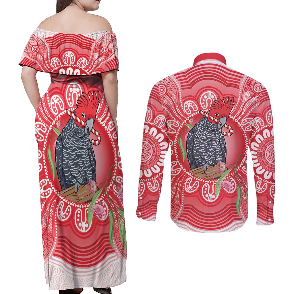 Australia Gang-gang Cockatoo Christmas Couples Matching Off Shoulder Maxi Dress and Long Sleeve Button Shirt Eucalyptus Blossoms Aboriginal Merry Xmas - Aussie Hoodie