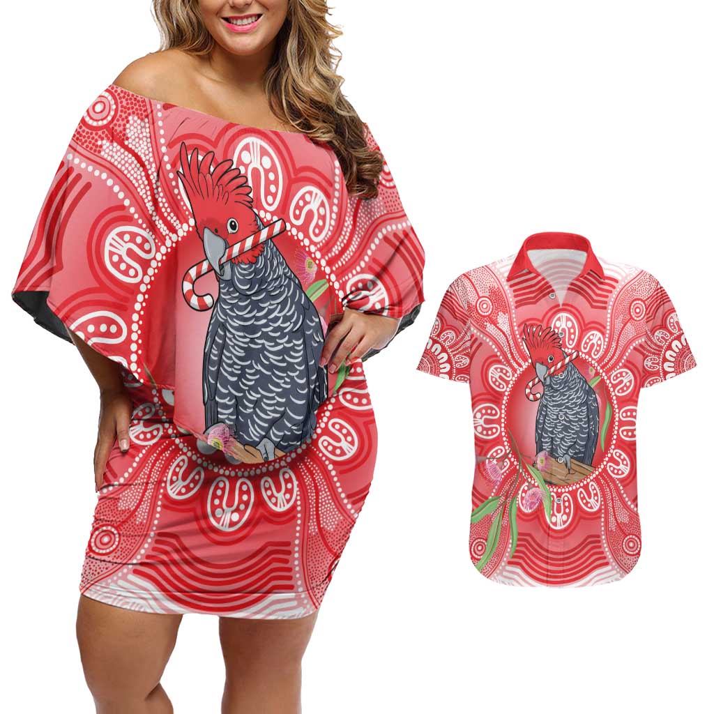 Australia Gang-gang Cockatoo Christmas Couples Matching Off Shoulder Short Dress and Hawaiian Shirt Eucalyptus Blossoms Aboriginal Merry Xmas - Aussie Hoodie