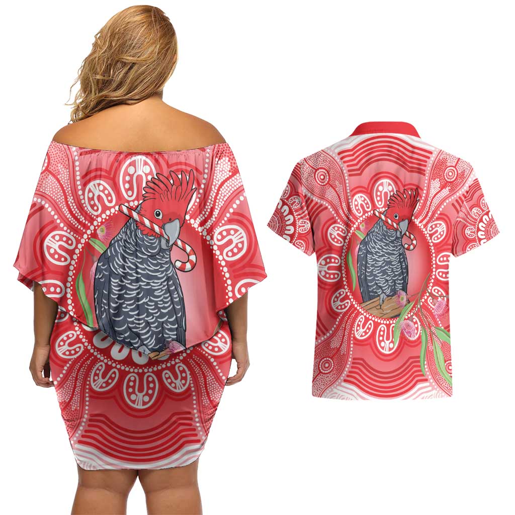 Australia Gang-gang Cockatoo Christmas Couples Matching Off Shoulder Short Dress and Hawaiian Shirt Eucalyptus Blossoms Aboriginal Merry Xmas - Aussie Hoodie