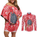Australia Gang-gang Cockatoo Christmas Couples Matching Off Shoulder Short Dress and Long Sleeve Button Shirt Eucalyptus Blossoms Aboriginal Merry Xmas - Aussie Hoodie
