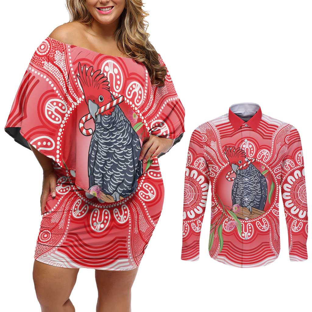 Australia Gang-gang Cockatoo Christmas Couples Matching Off Shoulder Short Dress and Long Sleeve Button Shirt Eucalyptus Blossoms Aboriginal Merry Xmas - Aussie Hoodie