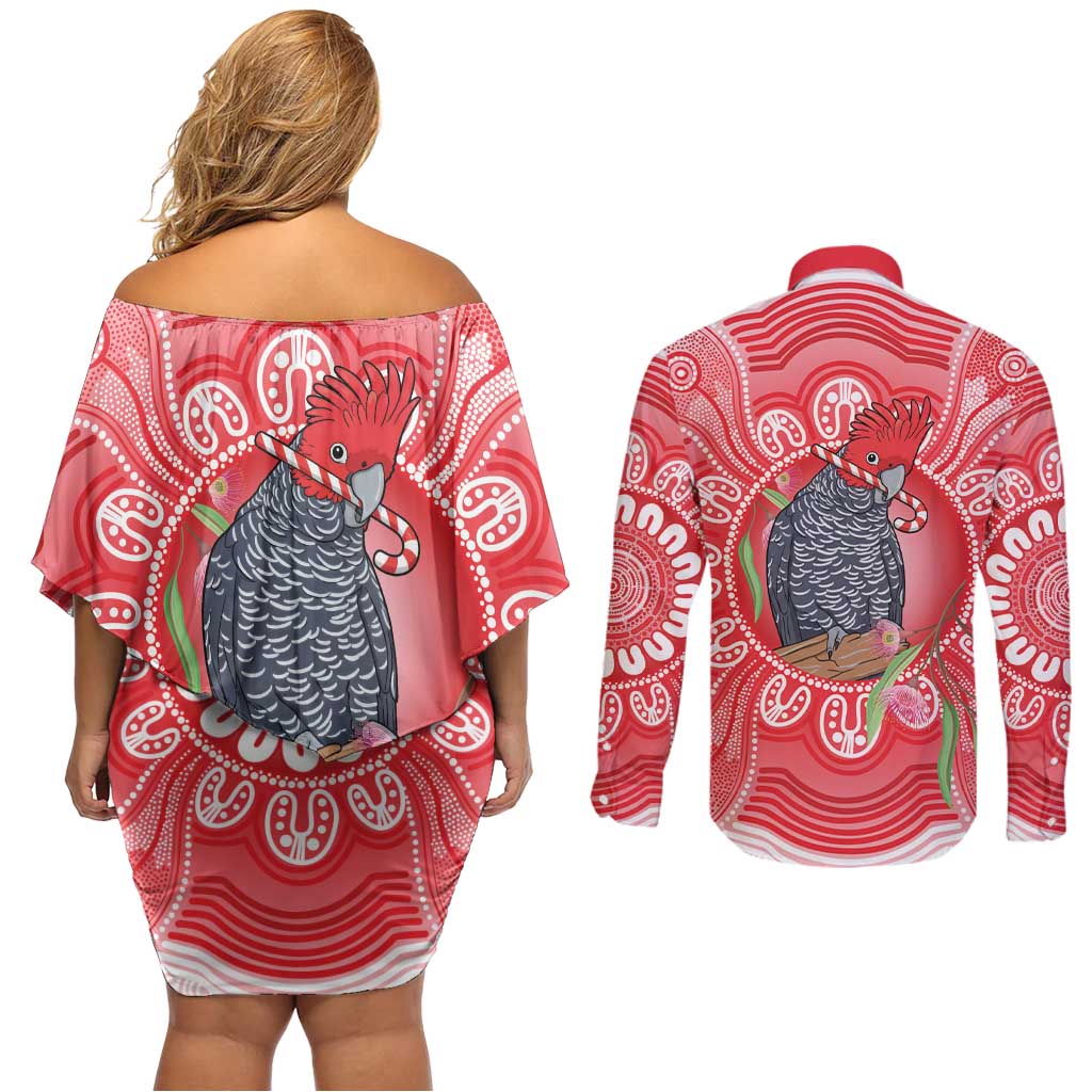 Australia Gang-gang Cockatoo Christmas Couples Matching Off Shoulder Short Dress and Long Sleeve Button Shirt Eucalyptus Blossoms Aboriginal Merry Xmas - Aussie Hoodie