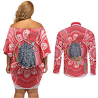 Australia Gang-gang Cockatoo Christmas Couples Matching Off Shoulder Short Dress and Long Sleeve Button Shirt Eucalyptus Blossoms Aboriginal Merry Xmas - Aussie Hoodie