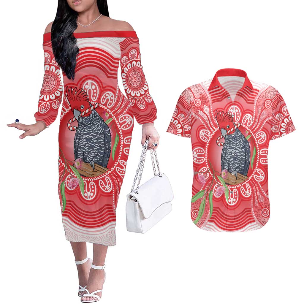 Australia Gang-gang Cockatoo Christmas Couples Matching Off The Shoulder Long Sleeve Dress and Hawaiian Shirt Eucalyptus Blossoms Aboriginal Merry Xmas - Aussie Hoodie