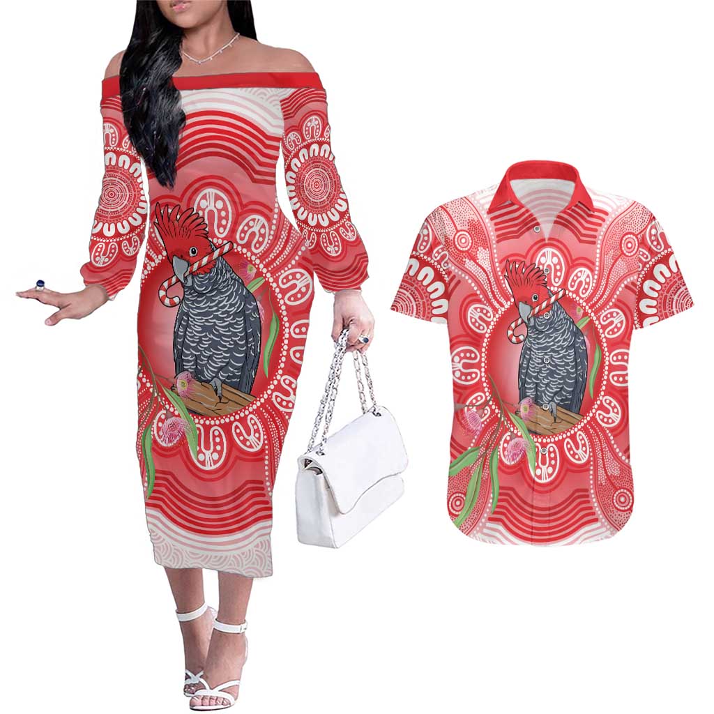 Australia Gang-gang Cockatoo Christmas Couples Matching Off The Shoulder Long Sleeve Dress and Hawaiian Shirt Eucalyptus Blossoms Aboriginal Merry Xmas - Aussie Hoodie
