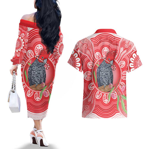 Australia Gang-gang Cockatoo Christmas Couples Matching Off The Shoulder Long Sleeve Dress and Hawaiian Shirt Eucalyptus Blossoms Aboriginal Merry Xmas - Aussie Hoodie