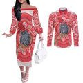 Australia Gang-gang Cockatoo Christmas Couples Matching Off The Shoulder Long Sleeve Dress and Long Sleeve Button Shirt Eucalyptus Blossoms Aboriginal Merry Xmas - Aussie Hoodie