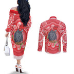 Australia Gang-gang Cockatoo Christmas Couples Matching Off The Shoulder Long Sleeve Dress and Long Sleeve Button Shirt Eucalyptus Blossoms Aboriginal Merry Xmas - Aussie Hoodie