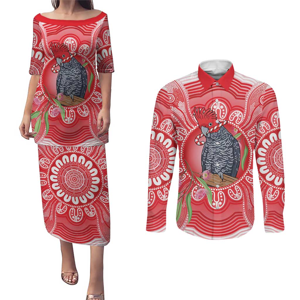 Australia Gang-gang Cockatoo Christmas Couples Matching Puletasi and Long Sleeve Button Shirt Eucalyptus Blossoms Aboriginal Merry Xmas - Aussie Hoodie