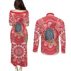 Australia Gang-gang Cockatoo Christmas Couples Matching Puletasi and Long Sleeve Button Shirt Eucalyptus Blossoms Aboriginal Merry Xmas - Aussie Hoodie