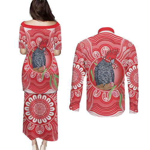 Australia Gang-gang Cockatoo Christmas Couples Matching Puletasi and Long Sleeve Button Shirt Eucalyptus Blossoms Aboriginal Merry Xmas - Aussie Hoodie