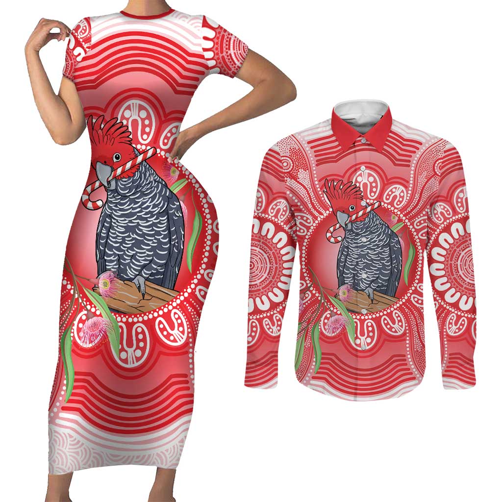 Australia Gang-gang Cockatoo Christmas Couples Matching Short Sleeve Bodycon Dress and Long Sleeve Button Shirt Eucalyptus Blossoms Aboriginal Merry Xmas - Aussie Hoodie
