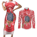 Australia Gang-gang Cockatoo Christmas Couples Matching Short Sleeve Bodycon Dress and Long Sleeve Button Shirt Eucalyptus Blossoms Aboriginal Merry Xmas - Aussie Hoodie