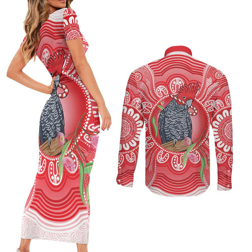 Australia Gang-gang Cockatoo Christmas Couples Matching Short Sleeve Bodycon Dress and Long Sleeve Button Shirt Eucalyptus Blossoms Aboriginal Merry Xmas - Aussie Hoodie