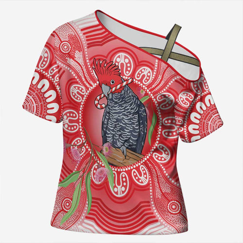 Australia Gang-gang Cockatoo Christmas Cross Shoulder Shirt Eucalyptus Blossoms Aboriginal Merry Xmas - Aussie Hoodie