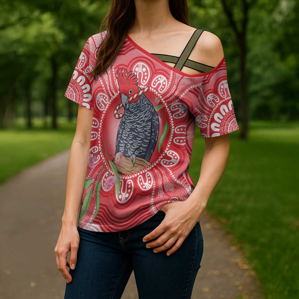 Australia Gang-gang Cockatoo Christmas Cross Shoulder Shirt Eucalyptus Blossoms Aboriginal Merry Xmas - Aussie Hoodie