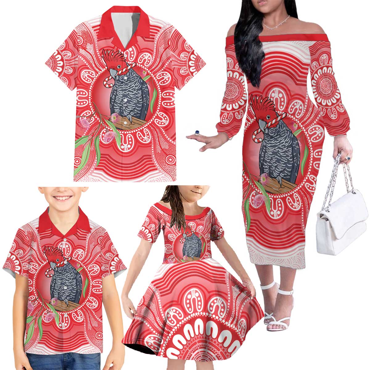 Australia Gang-gang Cockatoo Christmas Family Matching Off The Shoulder Long Sleeve Dress and Hawaiian Shirt Eucalyptus Blossoms Aboriginal Merry Xmas - Aussie Hoodie