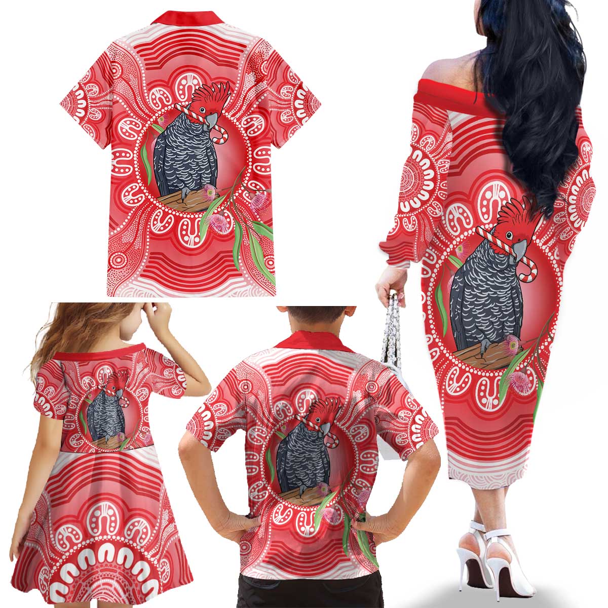 Australia Gang-gang Cockatoo Christmas Family Matching Off The Shoulder Long Sleeve Dress and Hawaiian Shirt Eucalyptus Blossoms Aboriginal Merry Xmas - Aussie Hoodie