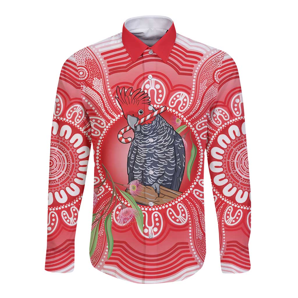 Australia Gang-gang Cockatoo Christmas Long Sleeve Button Shirt Eucalyptus Blossoms Aboriginal Merry Xmas - Aussie Hoodie